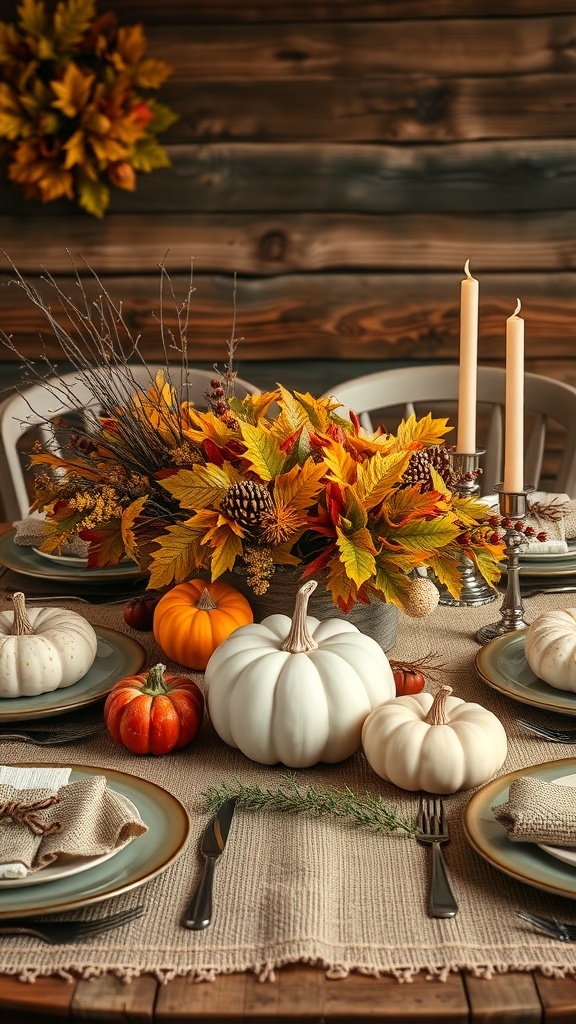 A rustic Thanksgiving table setting with pumpkins, autumn leaves, and candles.