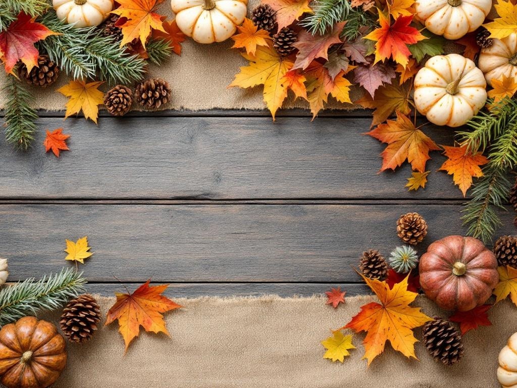 A rustic Thanksgiving table setting with pumpkins, pinecones, and autumn leaves on a wooden table.