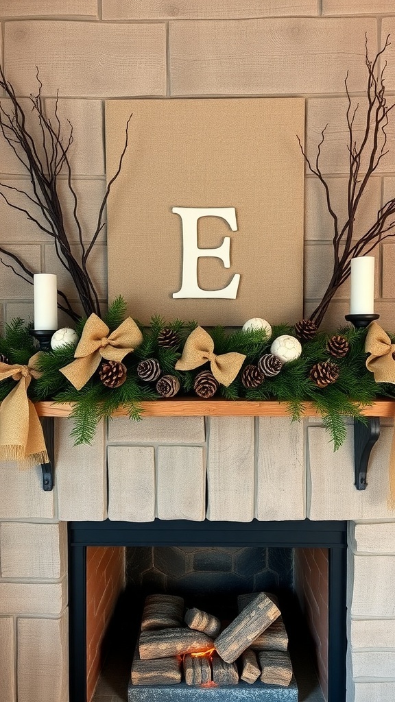 A rustic fireplace mantel decorated with pinecones, greenery, and bows.