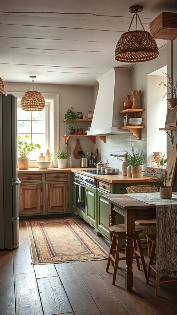 A rustic kitchen featuring green cabinets, wooden accents, and neutral textiles.