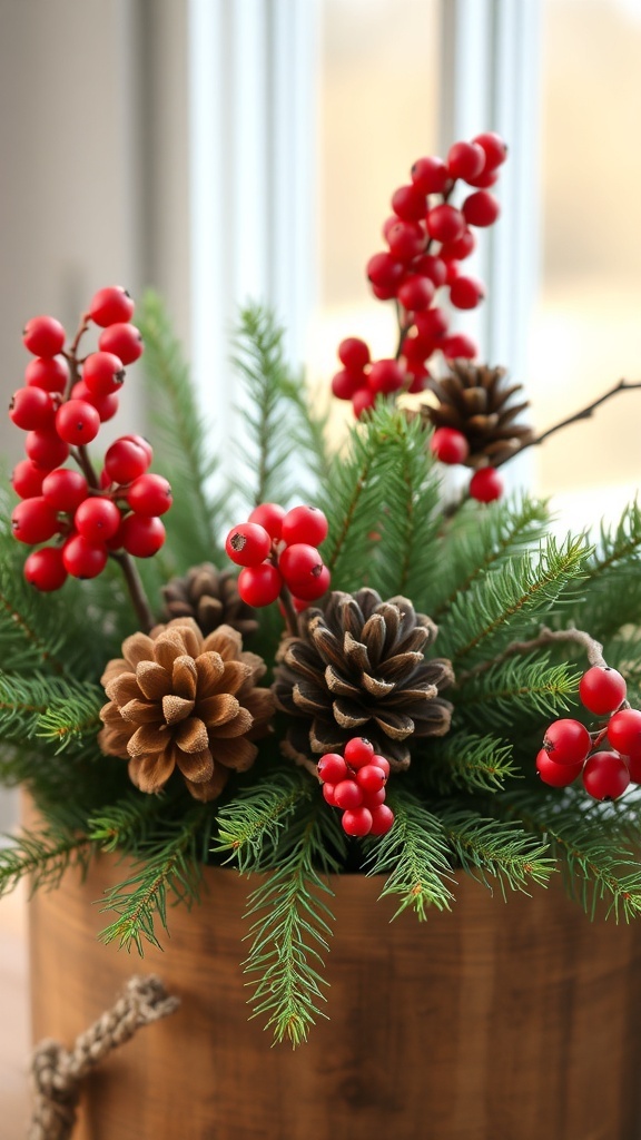 A rustic floral centerpiece featuring pinecones and red berries in a wooden container.