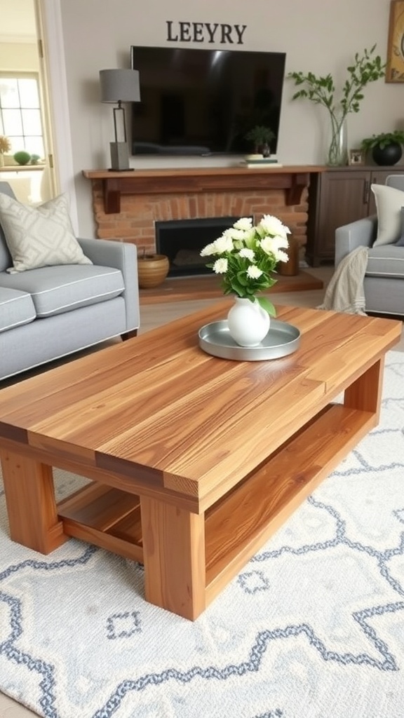 A modern farmhouse coffee table made of reclaimed wood, showcasing its natural grains and textures.