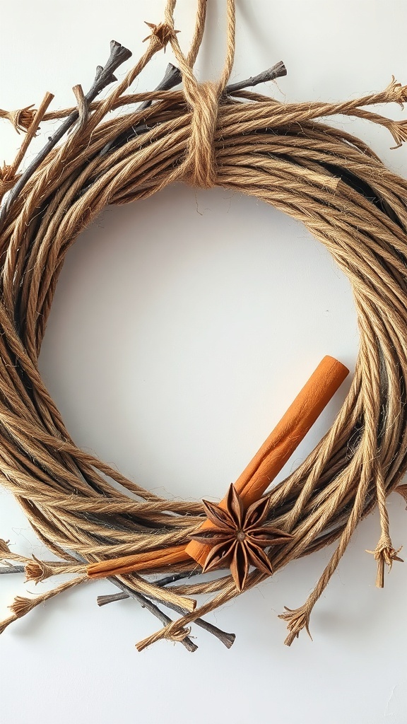 A rustic winter wreath made with twine, twigs, and spices.