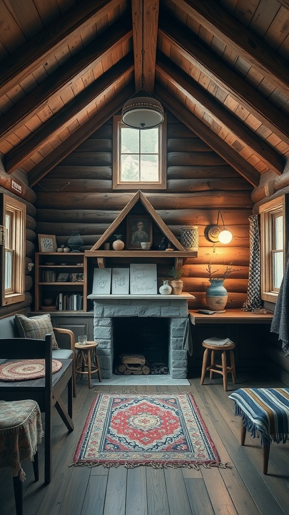 Interior of a tiny cabin featuring wooden beams, a stone fireplace, and cozy seating.