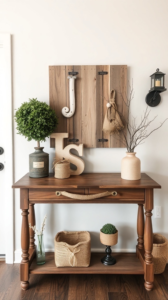 A rustic wooden entryway table decorated with plants and baskets.