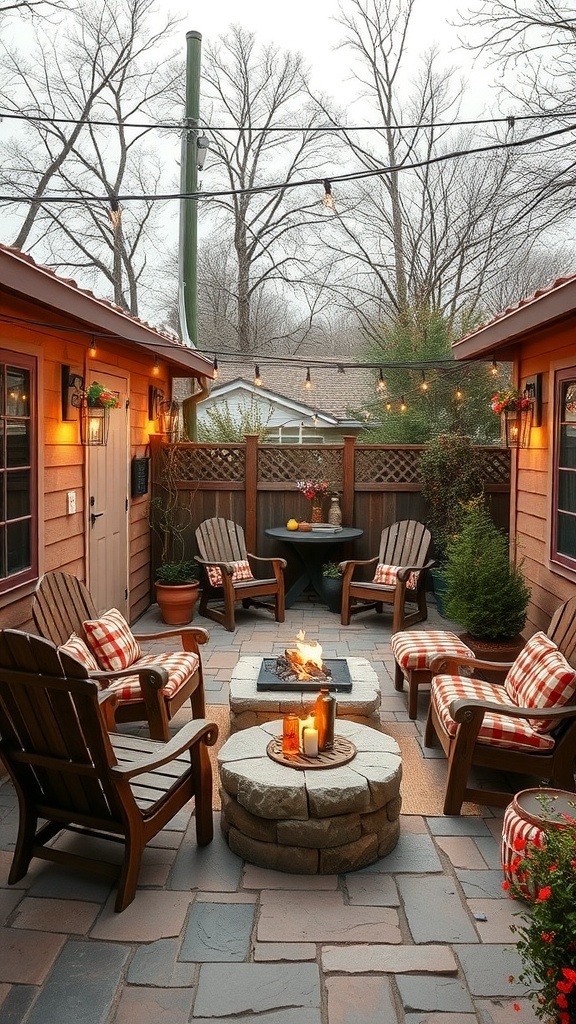 A cozy outdoor space featuring wooden chairs, a fire pit, and warm lighting.