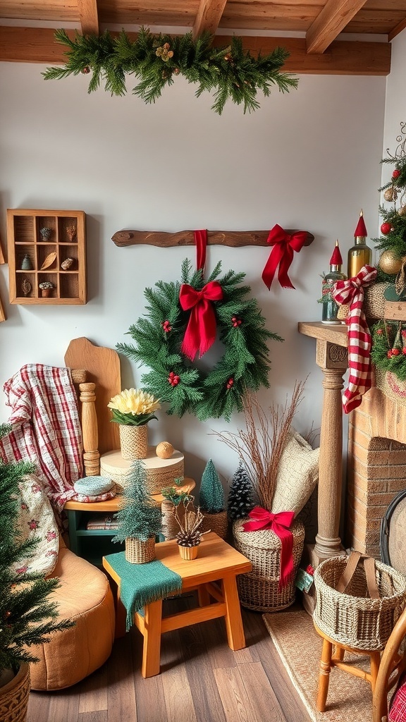 Cozy room decorated for Christmas with rustic accents, including a wreath, plaid throws, and wooden furniture.