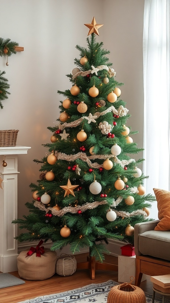 A beautifully decorated rustic Christmas tree with natural elements and warm lights.