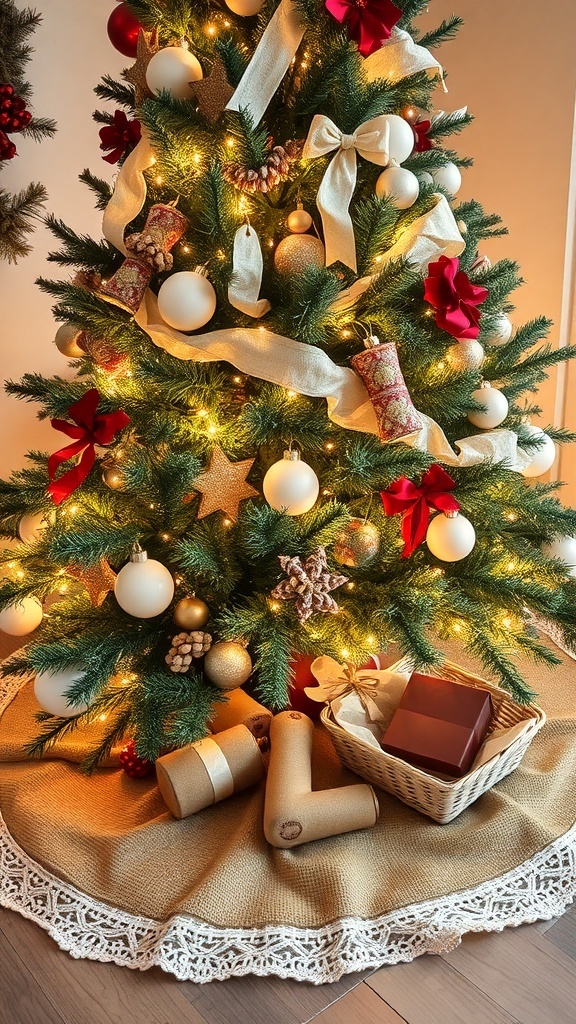 A rustic Christmas tree skirt made of burlap with lace trim, placed under a decorated Christmas tree.