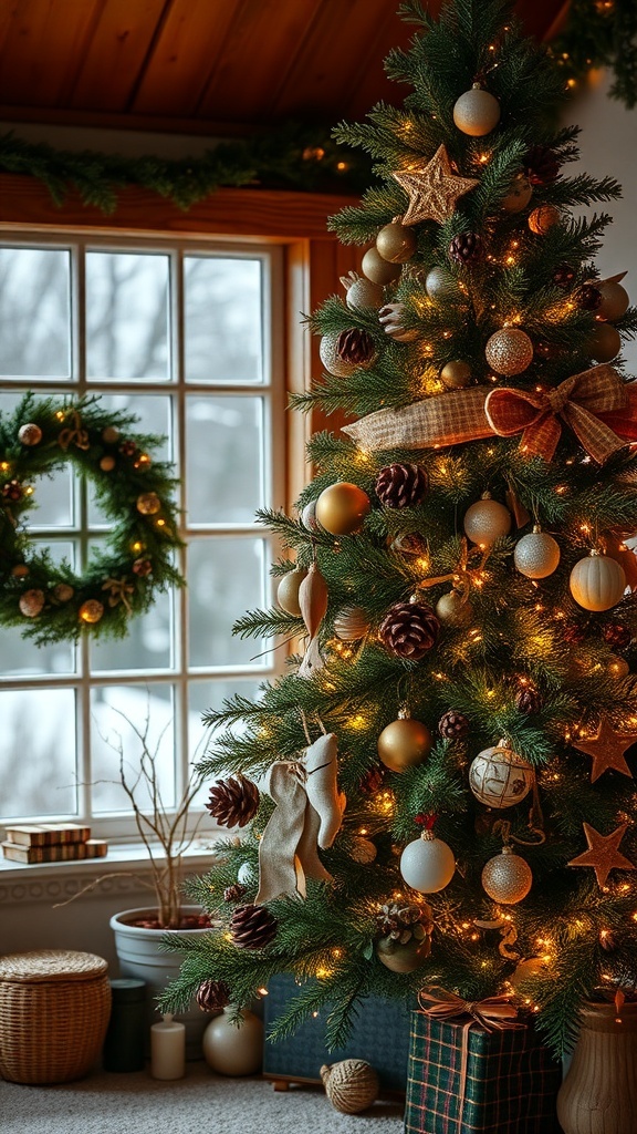 A beautifully decorated rustic Christmas tree with pinecones and warm lights in a cozy cottage setting.