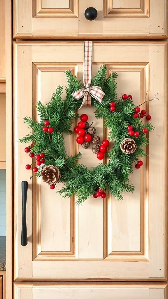 A rustic Christmas wreath with pinecones and berries hanging on a wooden kitchen cabinet.