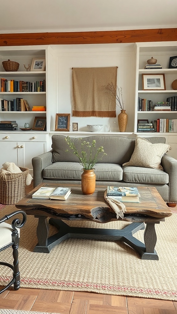 A rustic coffee table in a cozy living room setting.