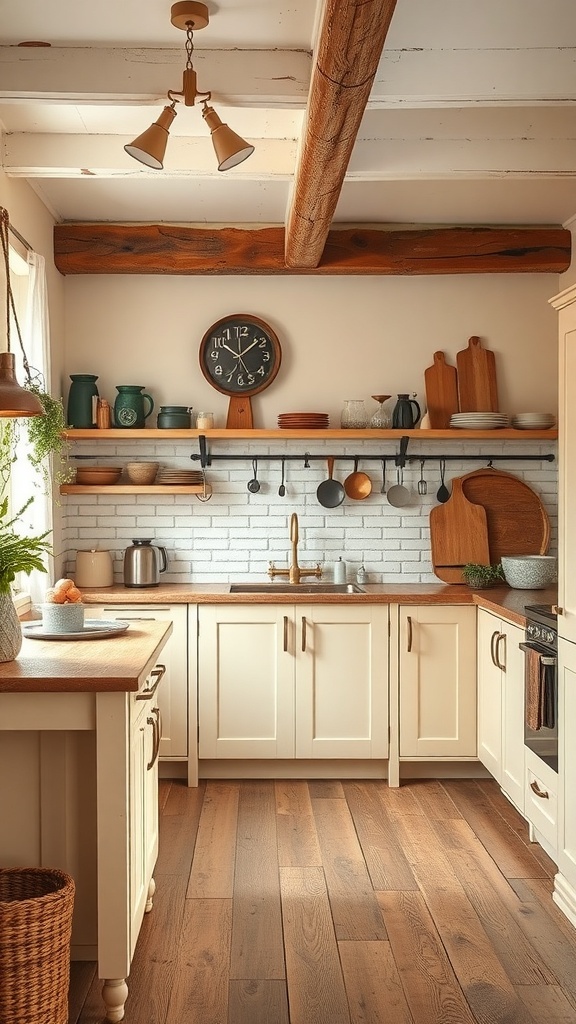 A rustic farmhouse kitchen with cream cabinets, wooden beams, and earthy accents.