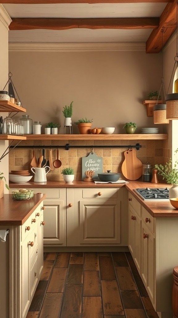 A cozy rustic kitchen with warm beige and brown tones, featuring wooden shelves and plants.