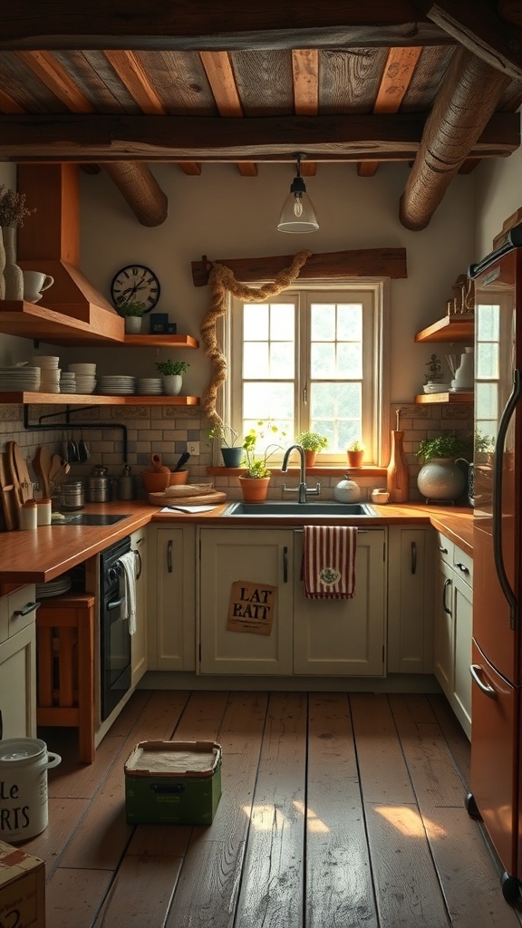 A rustic kitchen featuring warm wooden elements, natural light, and a cozy atmosphere.
