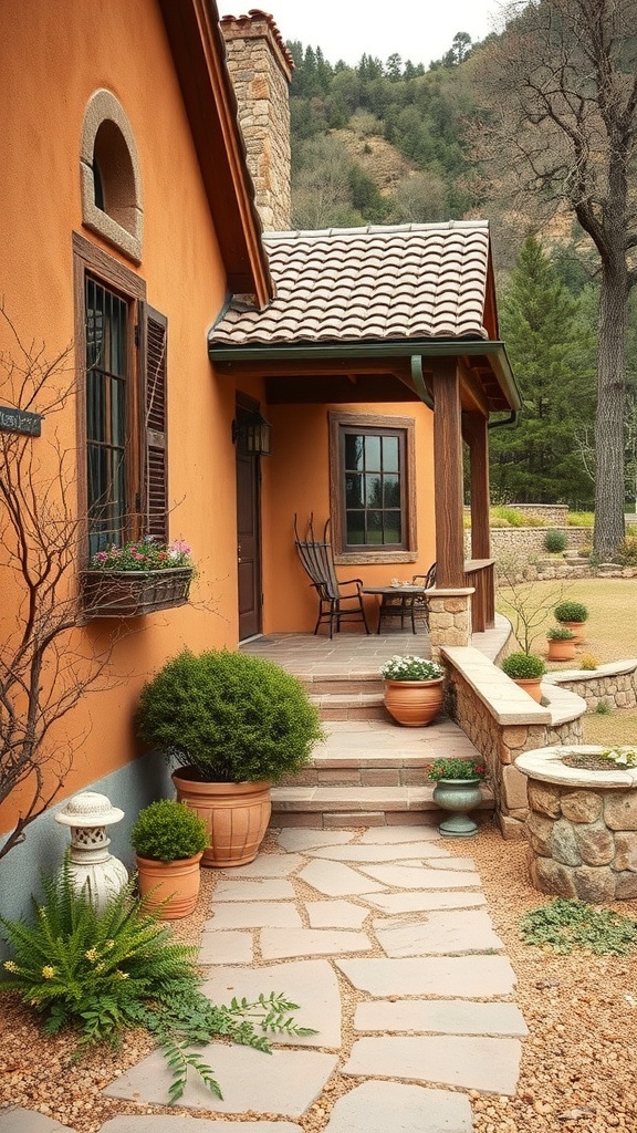 A rustic house exterior featuring warm terracotta walls, stone accents, and lush greenery.
