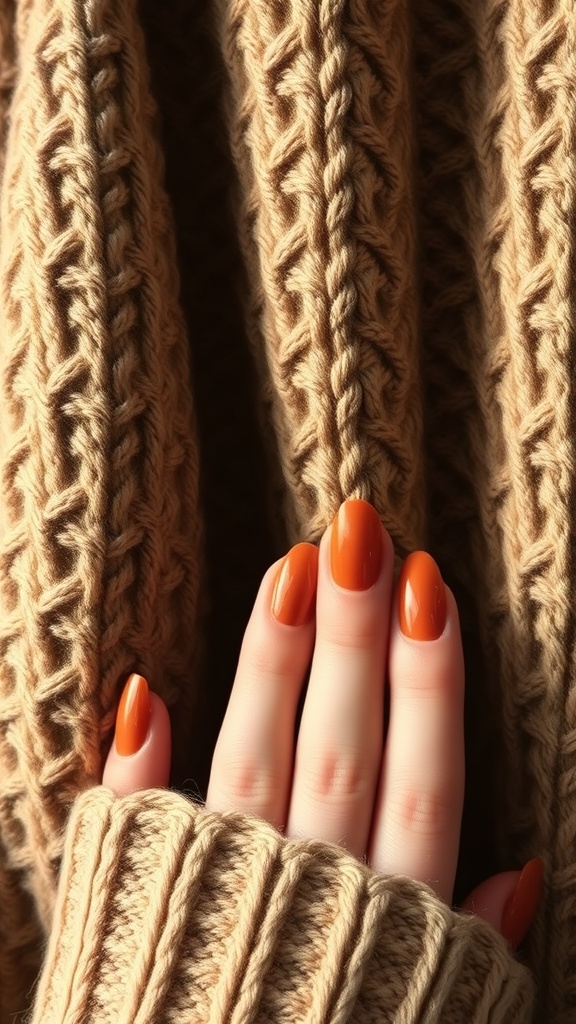Close-up of hands with brown fall fingernail polish against a knitted sweater background.