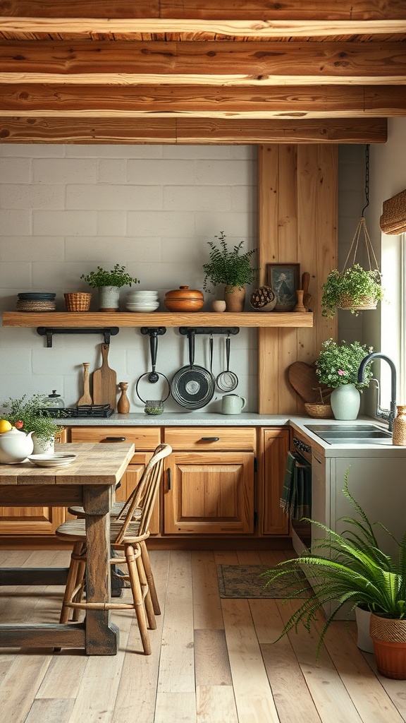 A rustic cottage-style kitchen featuring wooden beams, natural hues, and plants.
