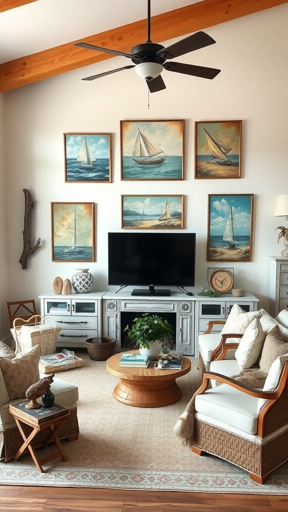 Coastal farmhouse living room with rustic decor accents, featuring wooden furniture and nautical art.