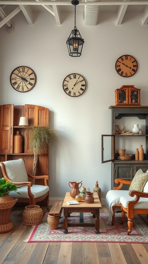 A cozy rustic room with wooden furniture, vintage clocks, and woven decor elements.