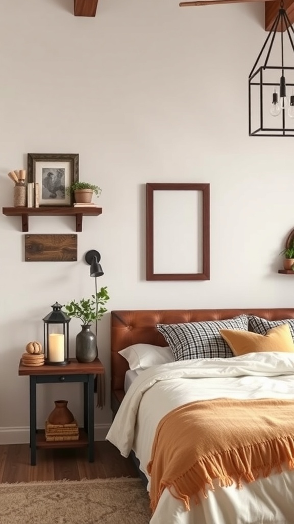 A rustic bedroom featuring wooden elements, cozy bedding, and decorative plants.