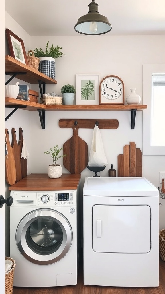 A modern farmhouse laundry room featuring wooden shelves, plants, and a vintage clock.