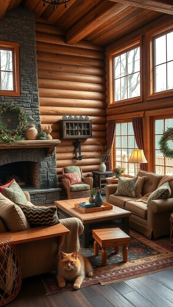 Cozy winter cabin interior with rustic decor, featuring wooden walls, comfortable seating, and warm lighting.