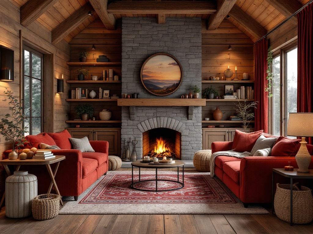 Cozy living room with rustic deep red furniture, a stone fireplace, and wooden accents.