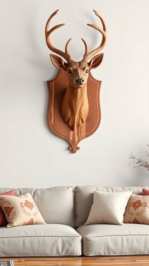 Rustic deer head wall art mounted on a wall above a couch in a living room.