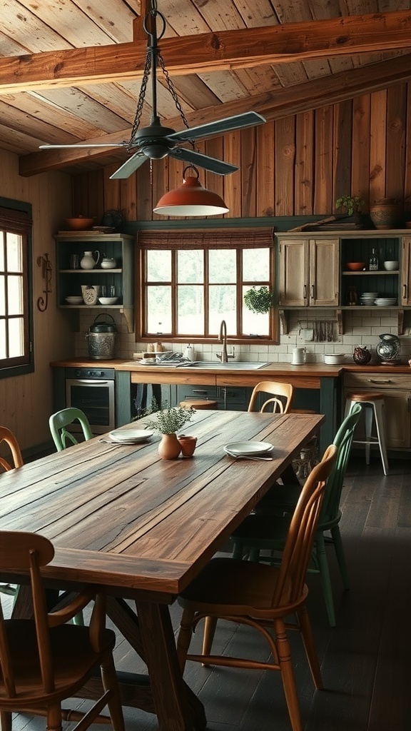 A rustic dining area featuring a wooden table and colorful chairs in a cozy kitchen.
