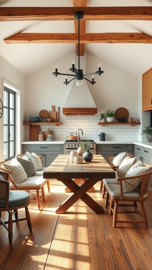 A rustic dining area in a modern farmhouse kitchen with wooden beams and a large table.