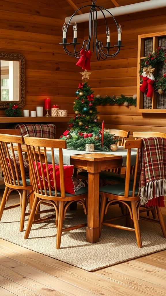 A cozy dining room with rustic wooden chairs, festive decorations, and a small Christmas tree.