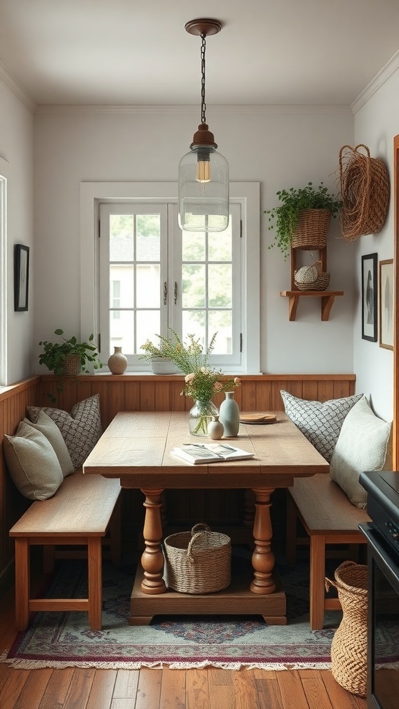 Cozy rustic dining nook in a small farmhouse kitchen with wooden table and benches.