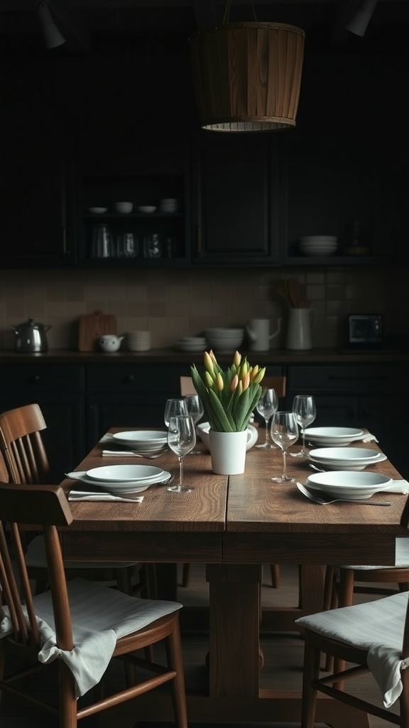 A rustic dining table set with plates and glasses, featuring a bouquet of tulips in a vase.