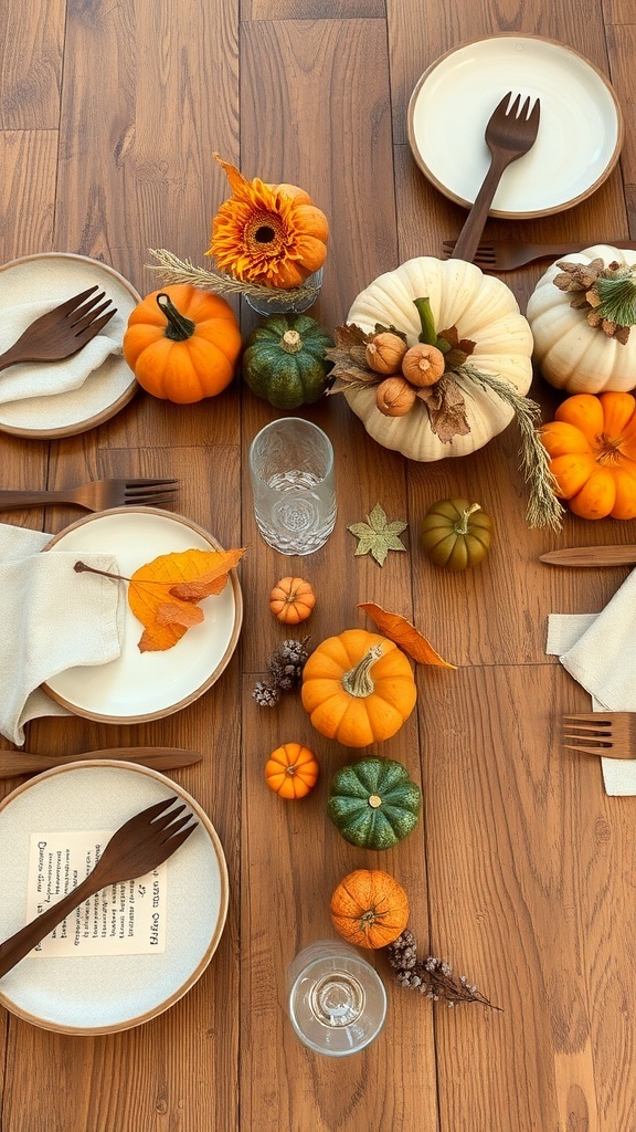 A rustic Thanksgiving dinnerware setting with pumpkins, wooden utensils, and simple plates on a wooden table.