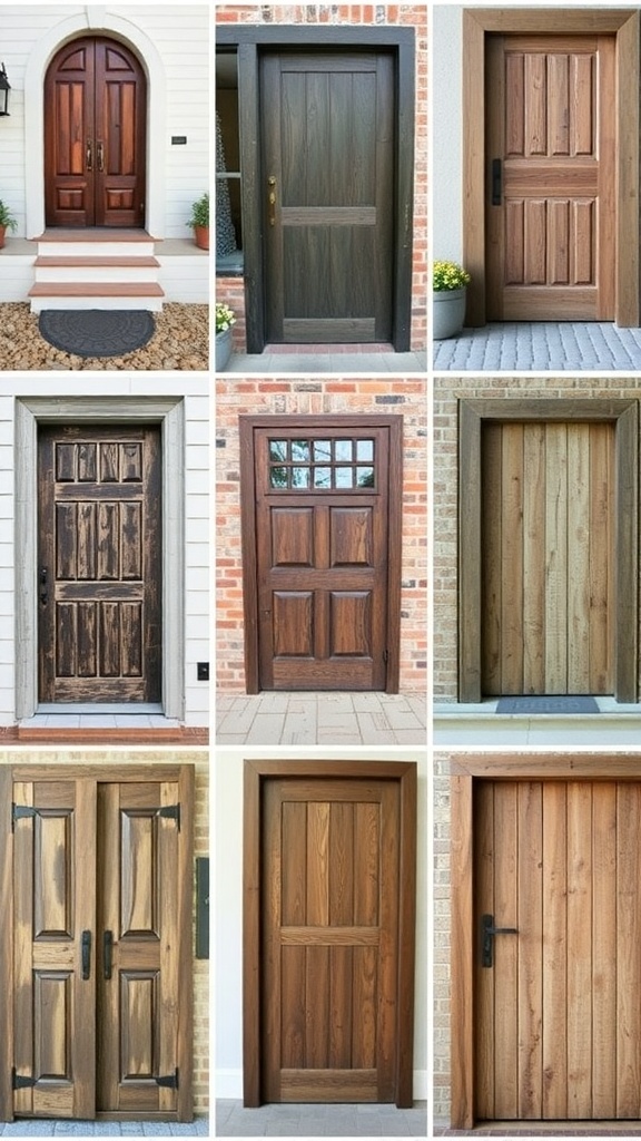 A collage of various rustic doors showcasing different styles and finishes.