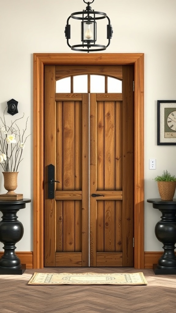 A rustic wooden double door with a warm finish, framed by a stylish entryway.