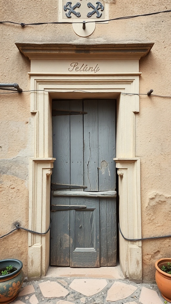 A rustic double door with a weathered finish, set in a stone wall.