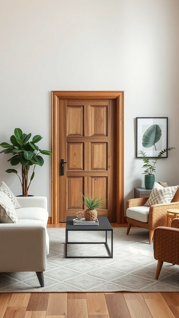 A rustic wooden door in a modern living room setting.