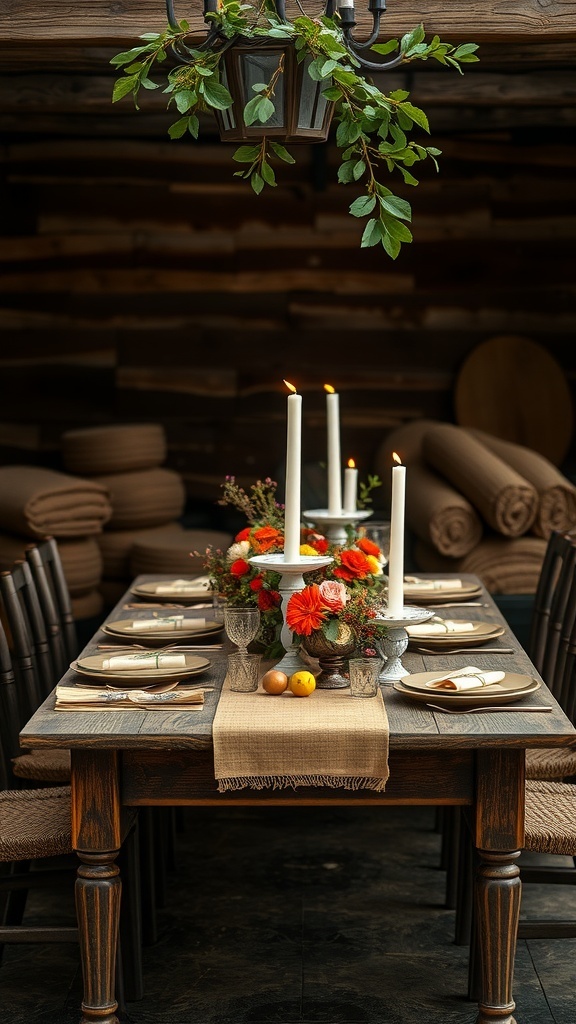 A rustic dining table set with candles, flowers, and earthy tones.