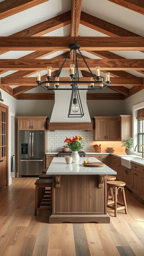 Luxury farmhouse kitchen with wooden beams and modern design elements.