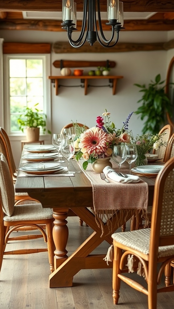A beautifully set dining table in a modern farmhouse style with flowers and rustic decor.