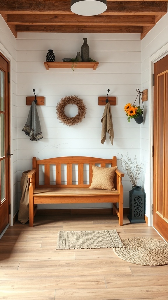 A rustic entryway featuring a wooden bench, wall hooks with towels, and decorative elements like a wreath and flowers.