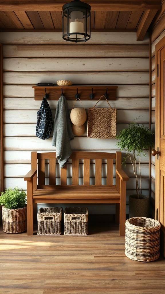 A rustic entryway featuring a wooden bench, woven baskets, and natural decor.