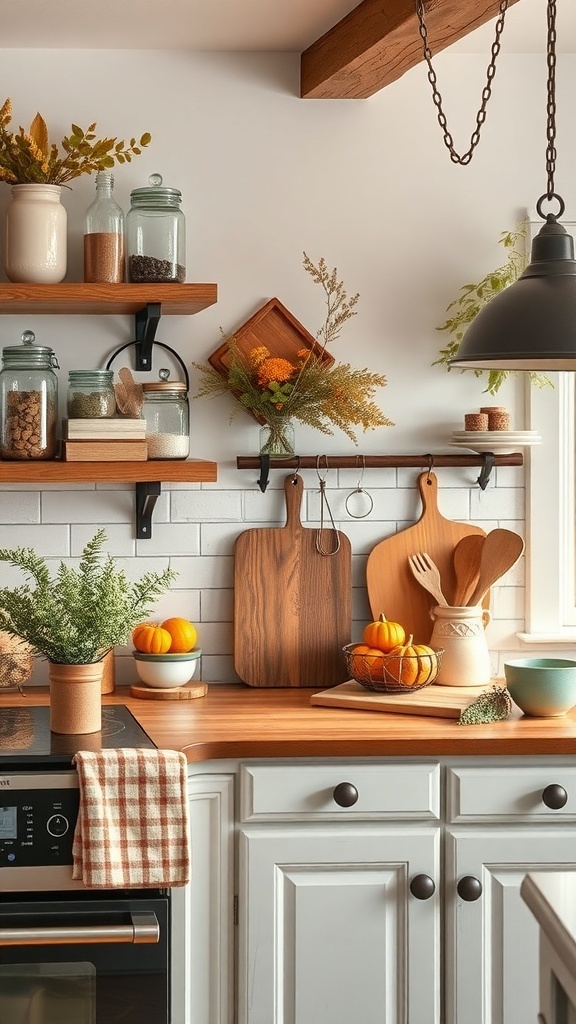 Cozy kitchen with rustic farmhouse accents, featuring wooden shelves, jars, and seasonal fruits.