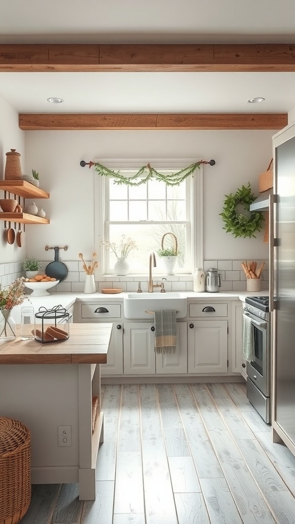 A cozy kitchen with rustic farmhouse accents, featuring wooden shelves, greenery, and a warm color palette.