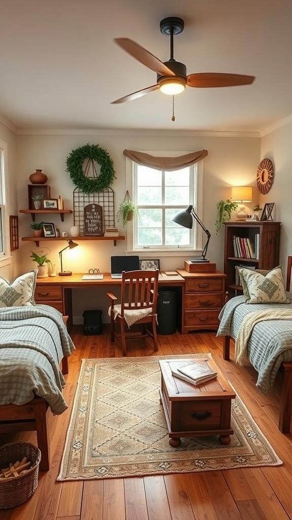 A rustic farmhouse style dorm room with wooden walls, a cozy bed, and a functional desk area.