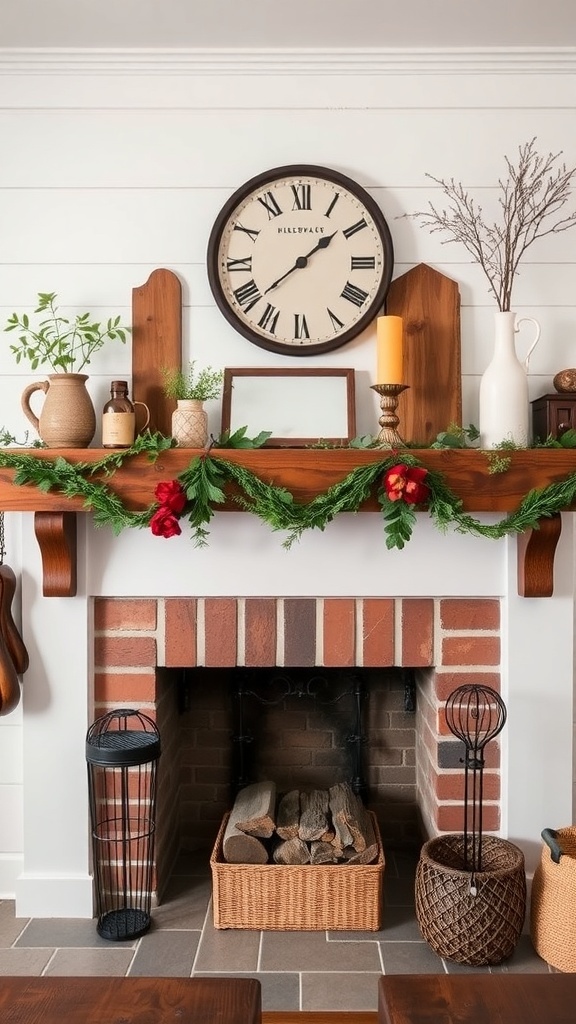 A rustic fireplace mantel decorated with greenery, candles, and a clock.