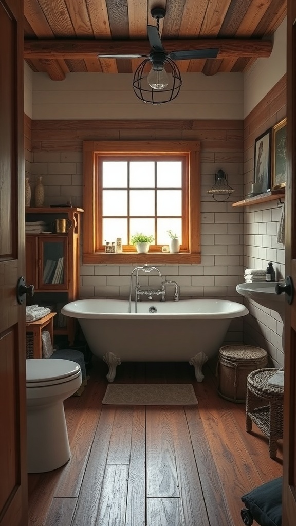 Cozy rustic farmhouse bathroom with clawfoot tub and wooden accents