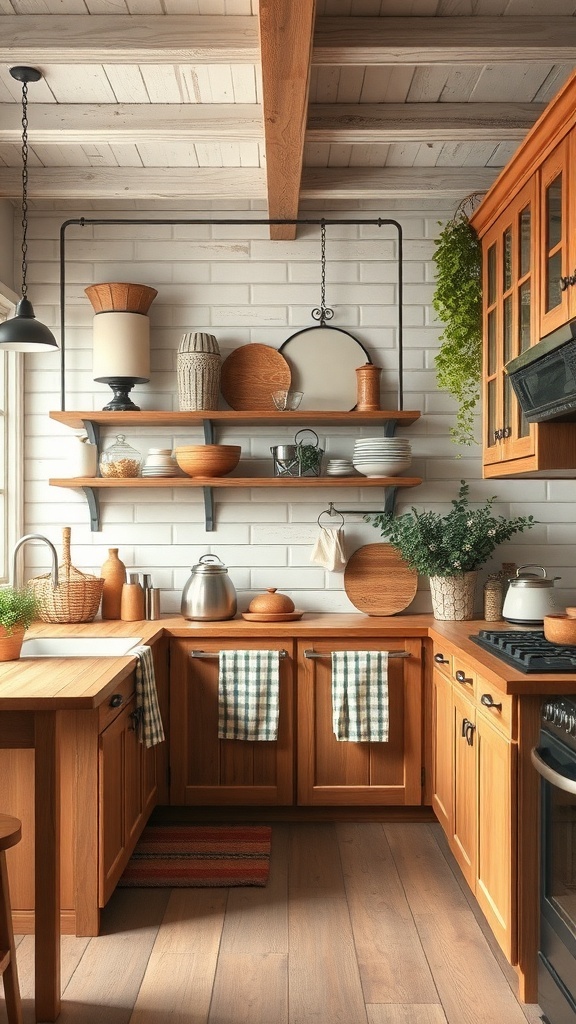 A rustic farmhouse kitchen with wooden cabinets and open shelving.